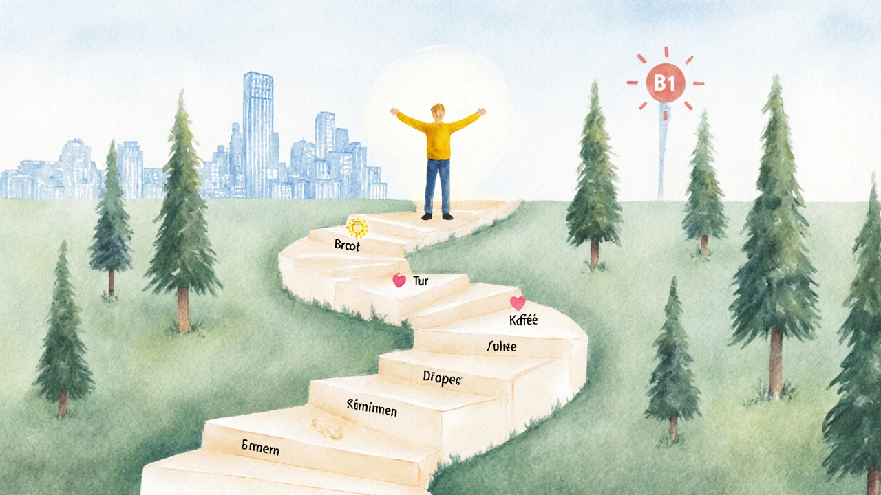 Cesta lesem s německými slovy, končící osobou na úrovni B1.