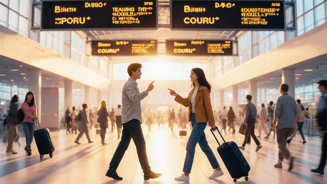 Cestující se ptá cizince na letišti a ten mu odpovídá se smíchem.