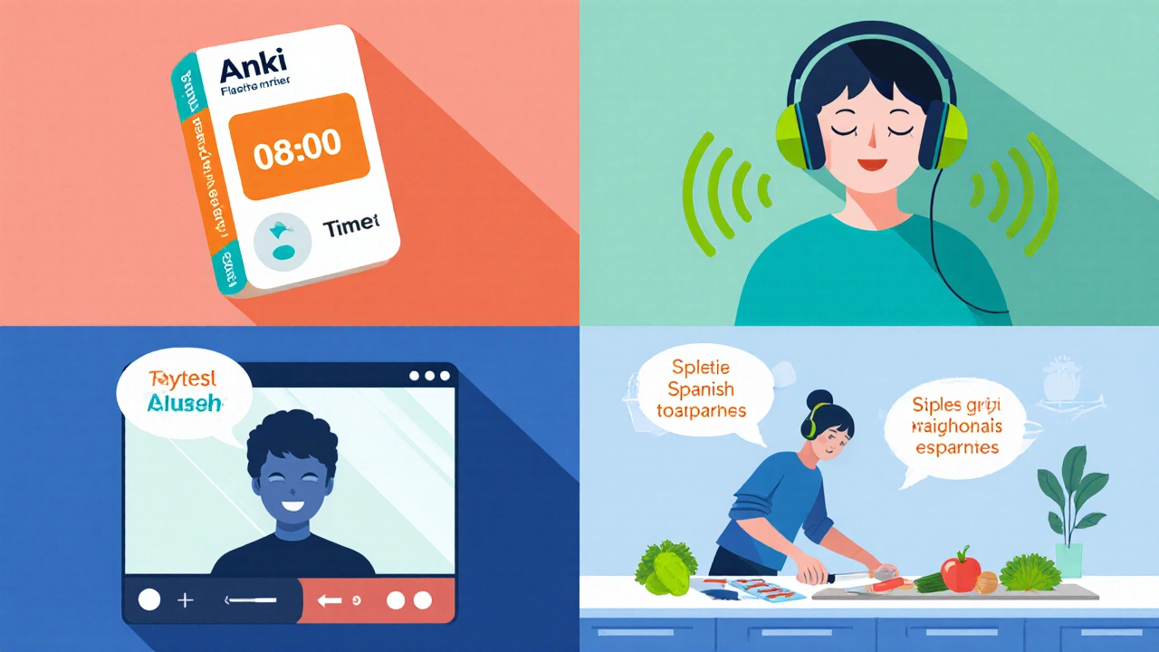 Čtyři mini scény ukazují flashkarty, podcast, video lekci a vaření s španělskými slovy.