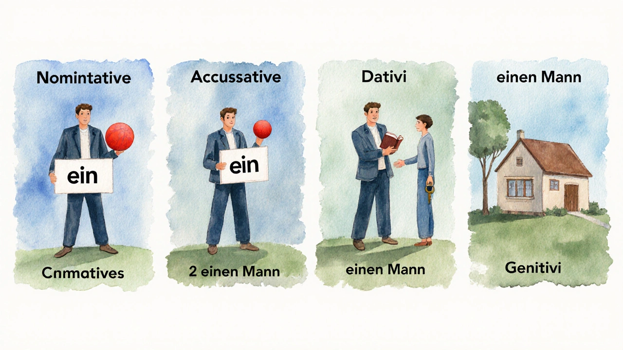 Čtyři vodovkové panely ukazující různé pády ein: nominativ, akuzativ, dativ a genitiv.