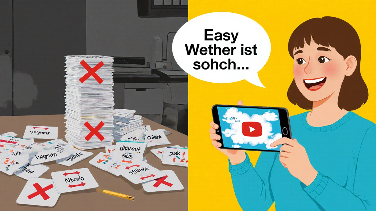 Dvě scény: nepřehledné kartičky vlevo, lidé sledující video vpravo.