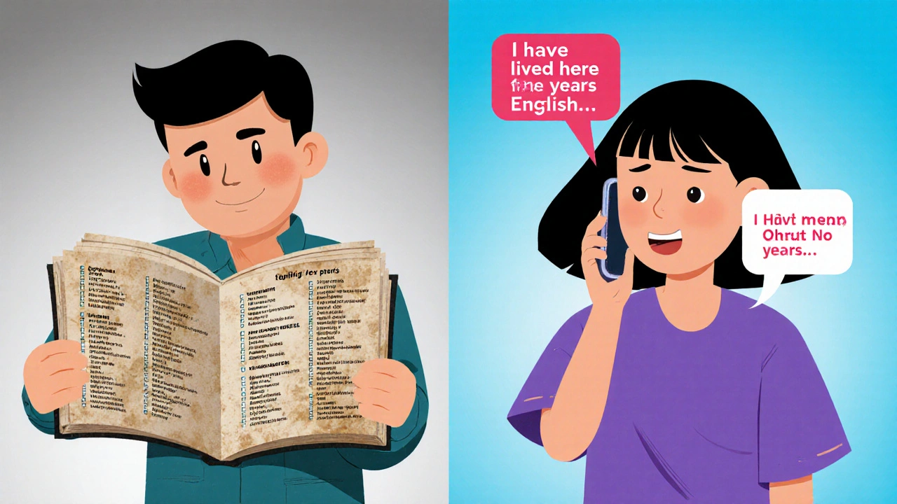 Dvě scény: osoba s učebnicí a stejná osoba mluvící anglicky s větou v bublinách.