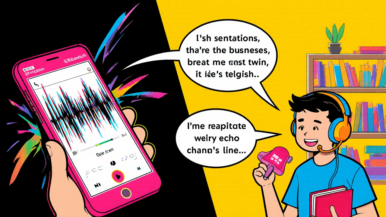 Ilustrace techniky shadowing – poslouchá a napodobuje podcast.