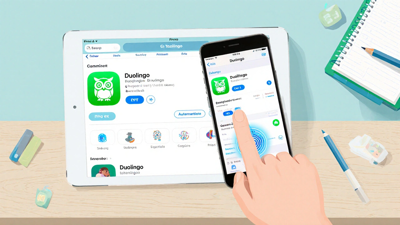 iPhone a iPad zobrazují App Store se zelenou sovou Duolinga, prst klepe na tlačítko Get.