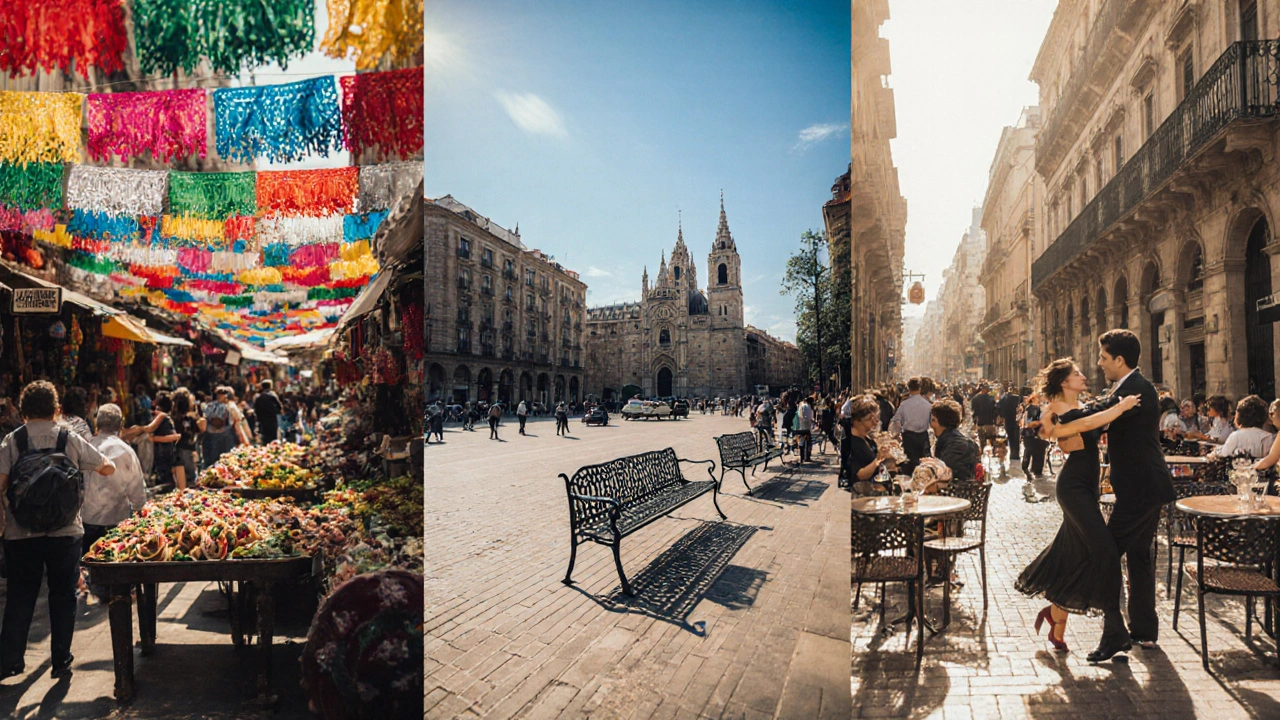 Koláž trhu v Mexiku, španělského náměstí a argentinské kavárny.