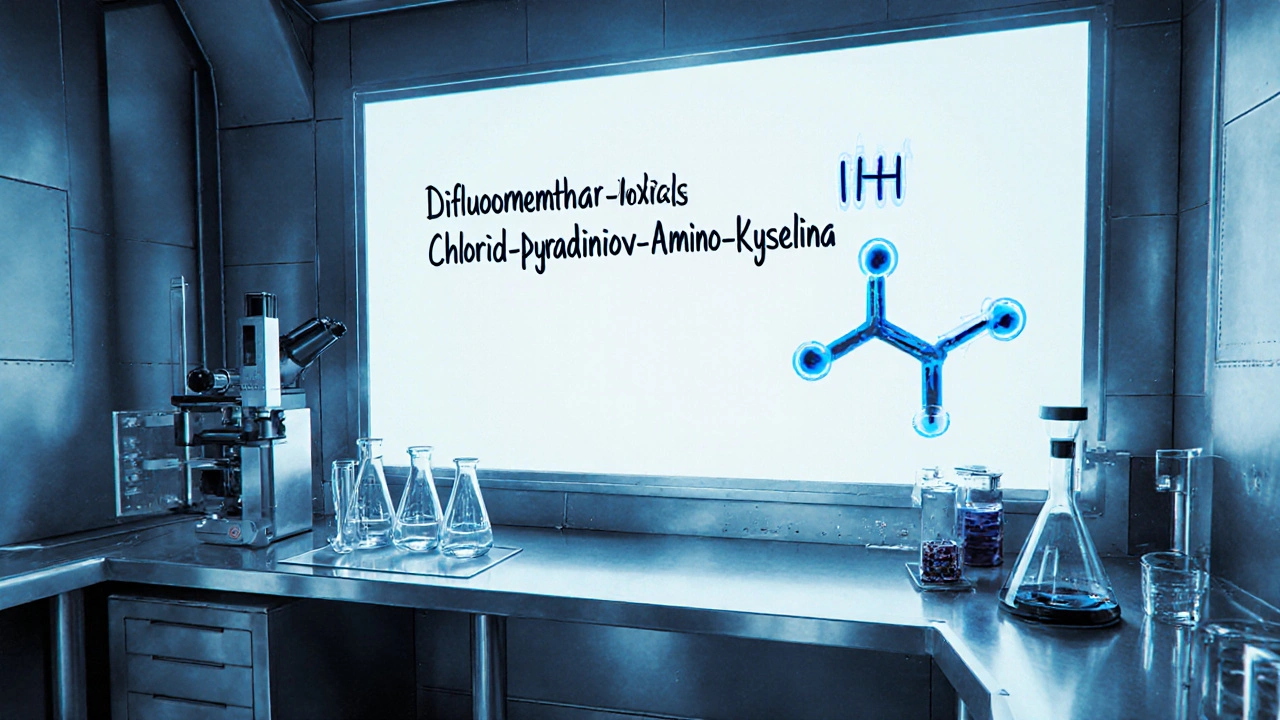 Laboratoř s chemickým názvem na tabuli a hologramem molekuly.