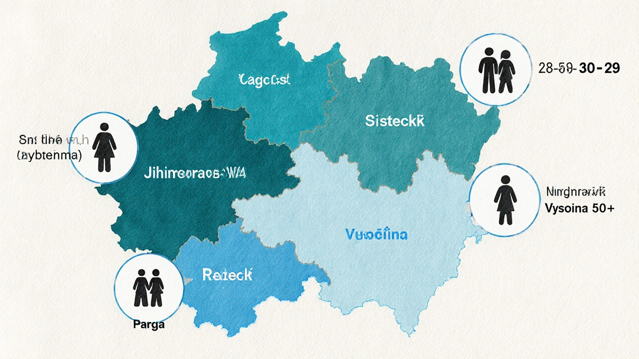 Mapa ČR s barevnými oblastmi ukazujícími úroveň angličtiny a věkové skupiny.