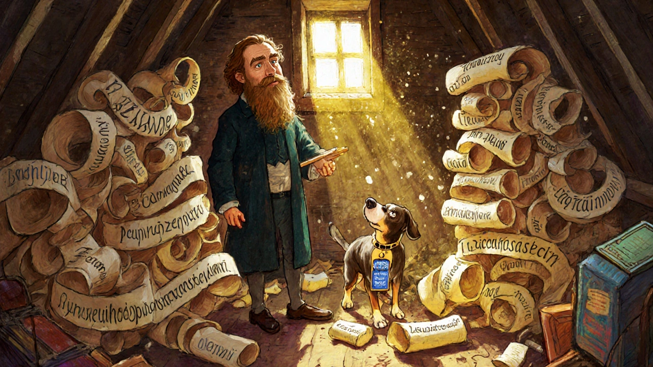 Poet v podkroví obklopený dlouhými slovy a psem s jmenovkou.
