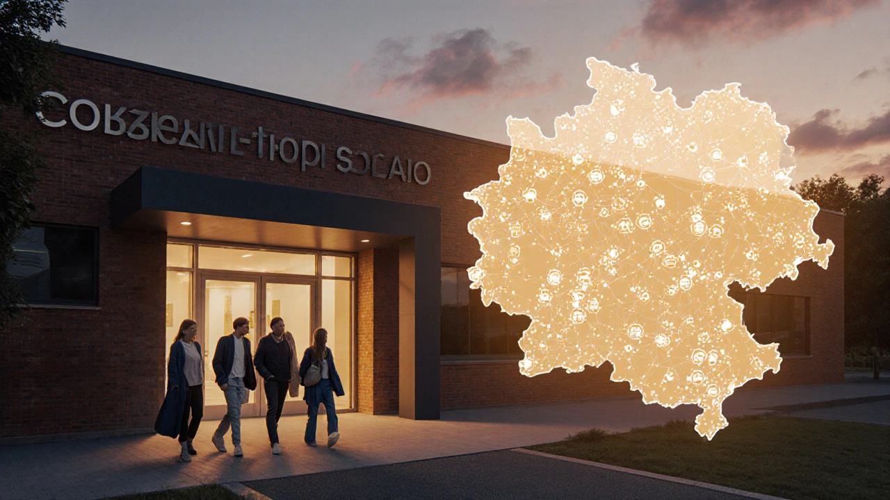 Rodiče vstupují do moderní školy, v pozadí mapa ČR s vyznačenými školami.