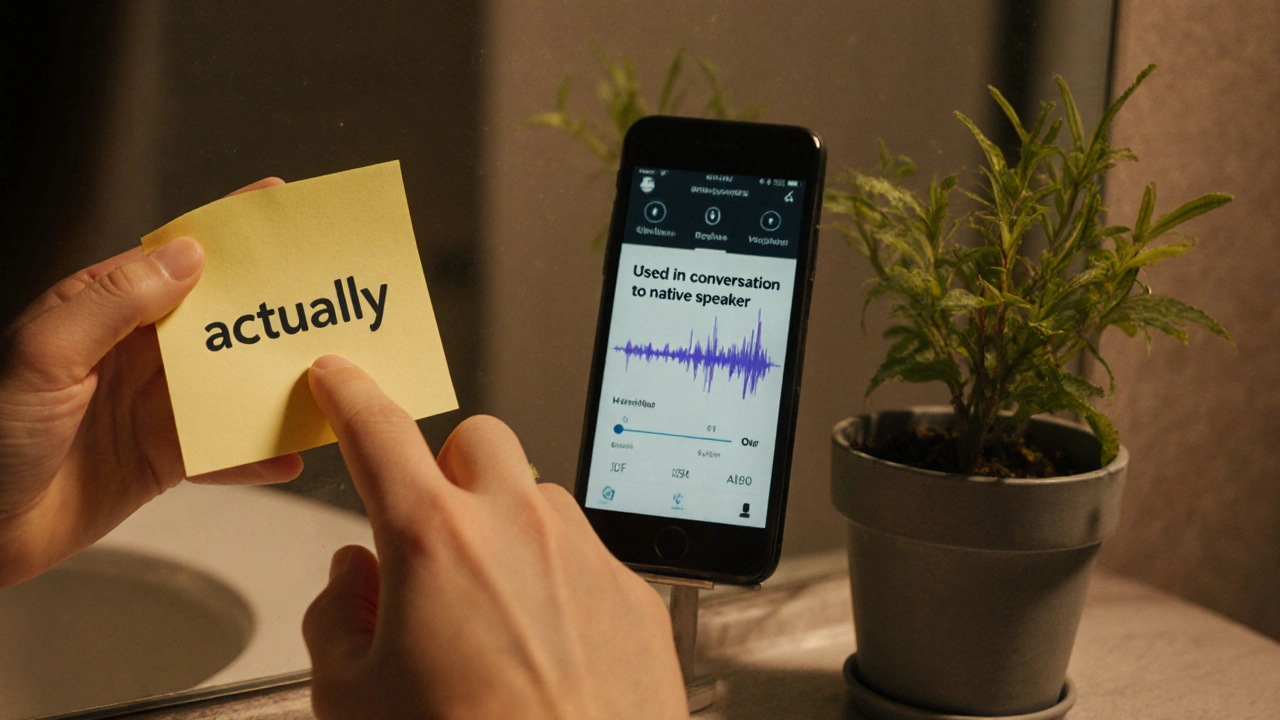 Ruka přilepuje nálepku se slovem 'actually' na zrcadlo, telefon ukazuje nahrávku hovoru.