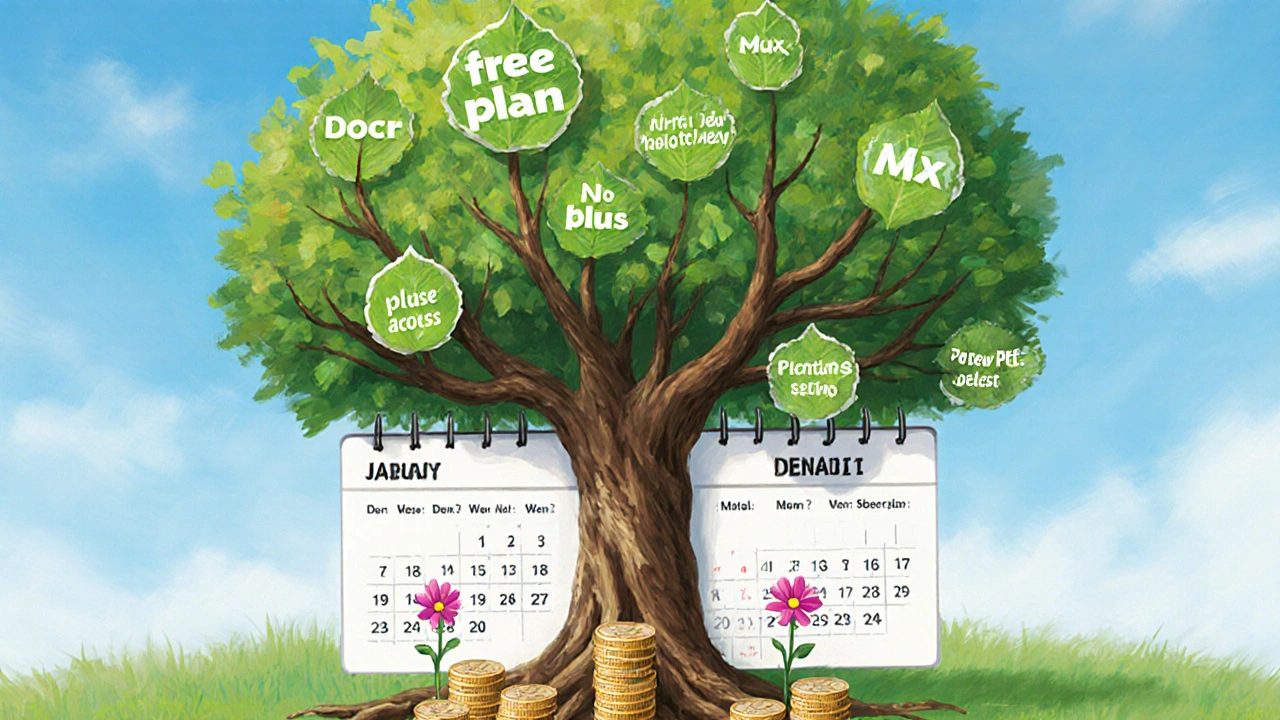 Strom s výhodami Duolingo Plus a Max, symbolizující růst v učení jazyka.