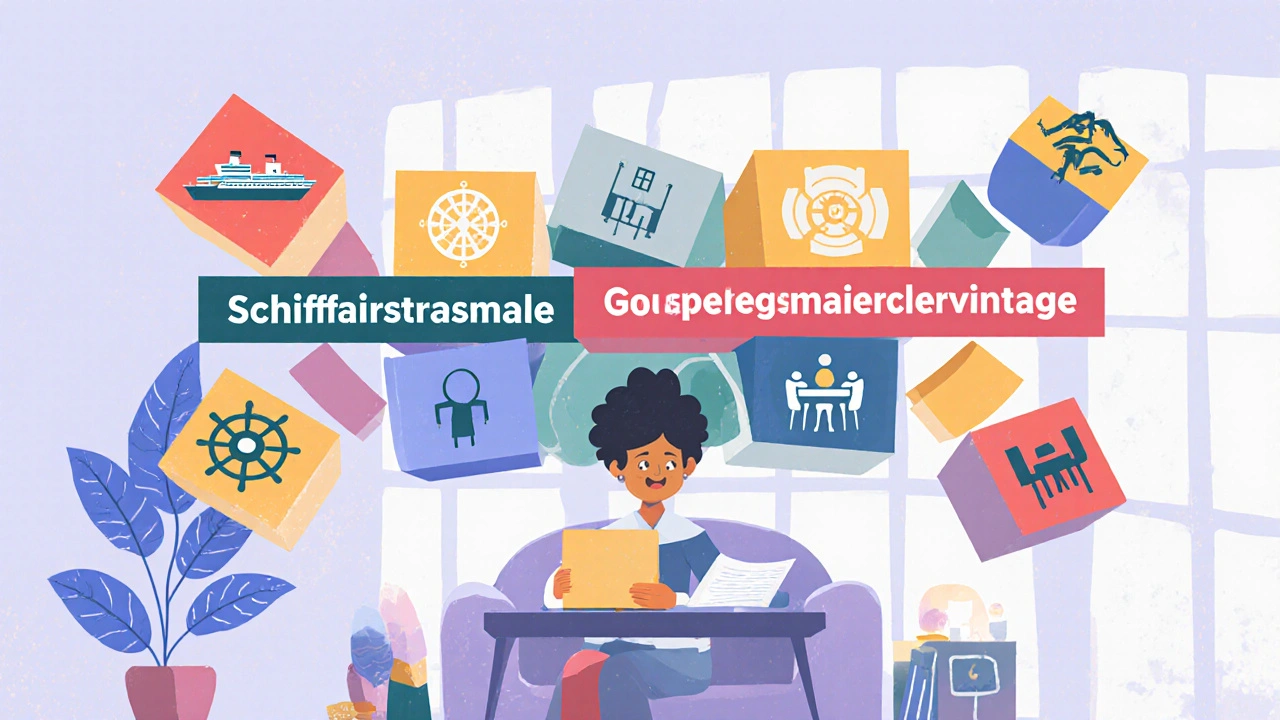 Student obklopený ikonami tvořícími dlouhé slovo &quot;Schifffahrtsgesellschaftsmitgliederversammlung&quot;.