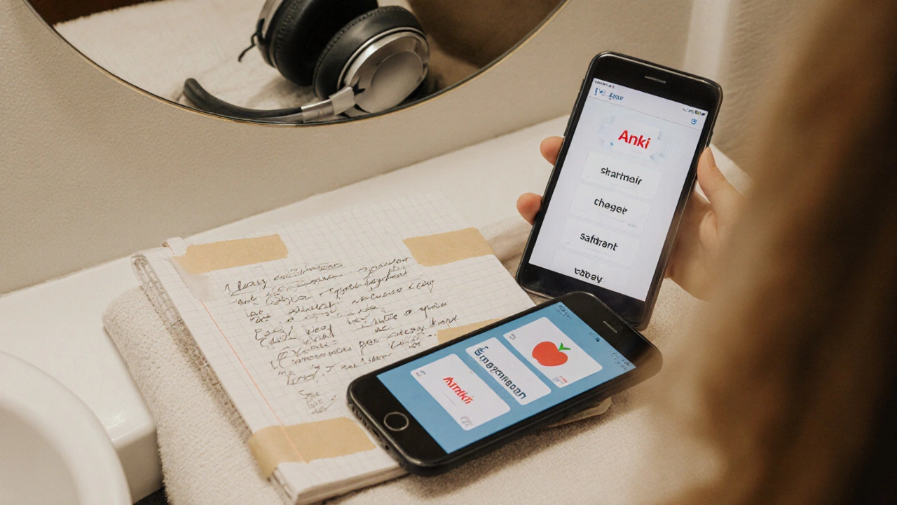 Tři jednoduché nástroje pro učení angličtiny: telefon, poznámky na zrcadle a sluchátka.