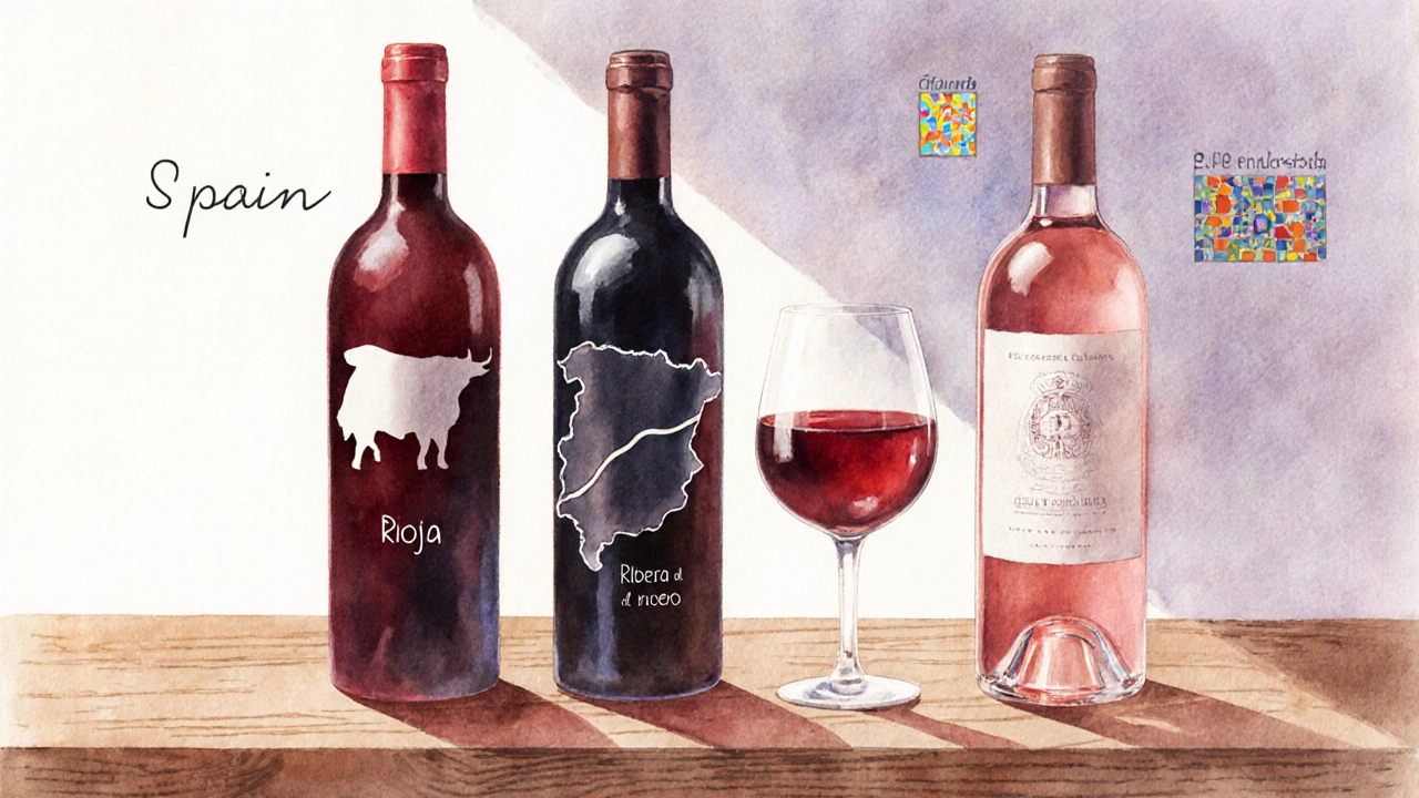Tři lahve vína představující Rioja, Ribera del Duero a Catalunya na dřevěném stole.