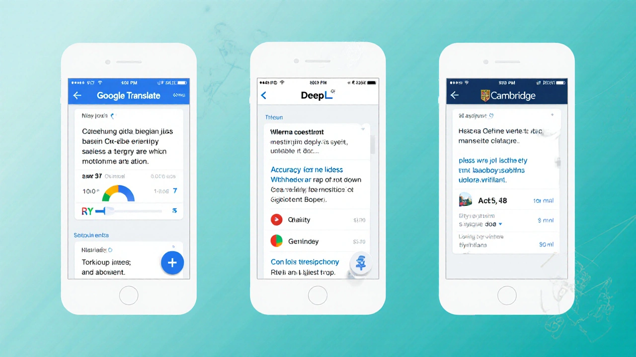 Tři vedle sebe zobrazené obrazovky Google Translate, DeepL a Cambridge Dictionary s ukázkami překladu.