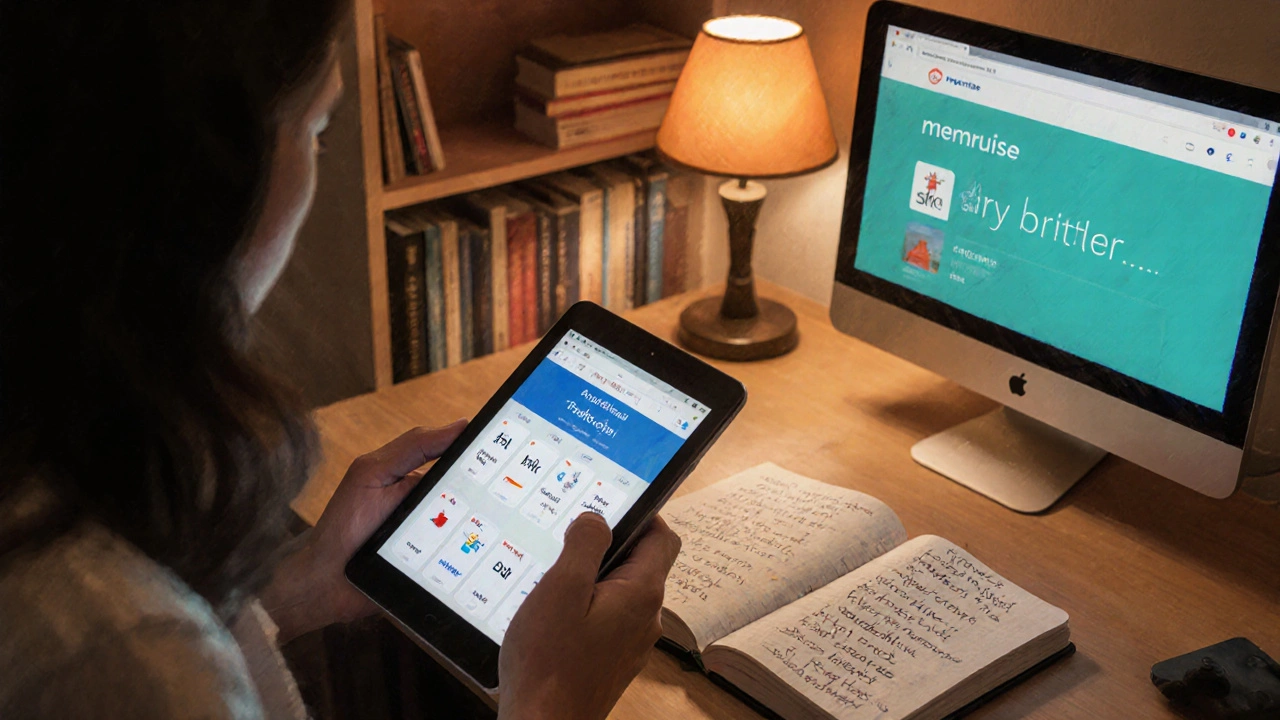Učící se osoba používá flashcards, Memrise a čte anglické fráze v útulném koutku.