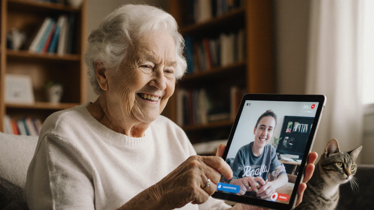 Žena ve věku padesáti let komunikuje přes aplikaci s mladou osobou z Austrálie.