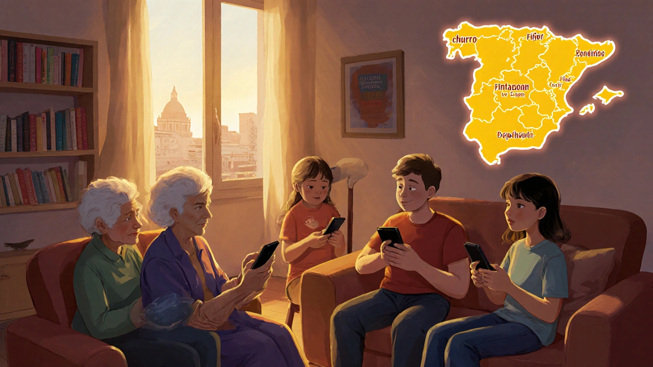 A Spanish family in Madrid speaking different languages, with children using modern slang on their phones.