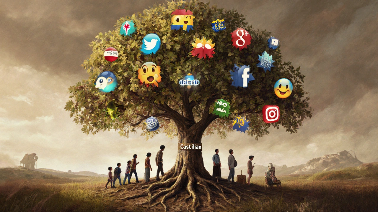 A symbolic tree representing the evolution and diversity of the Spanish language across regions and generations.