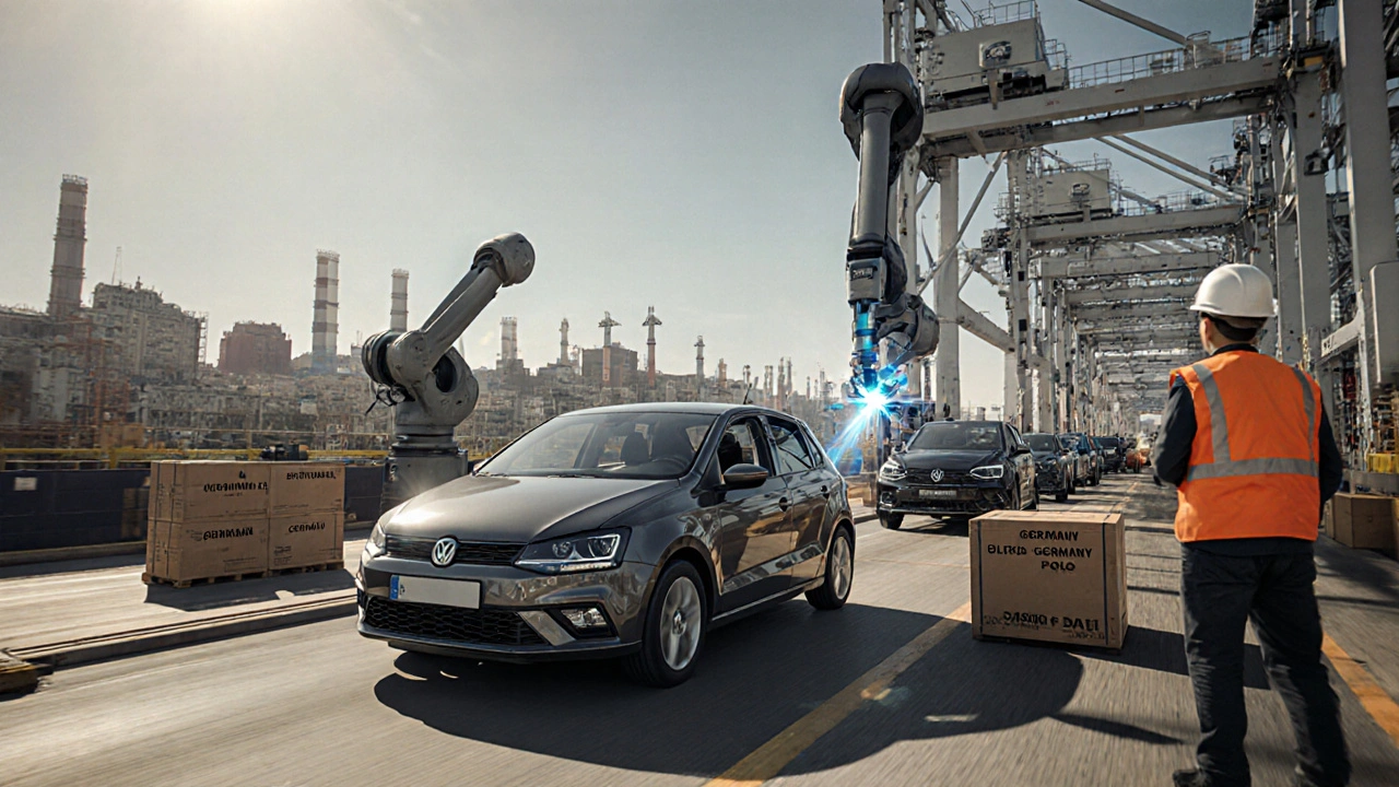 Automobilový výrobní linek ve Španělsku s roboty a hotovými auty připravenými k vývozu.