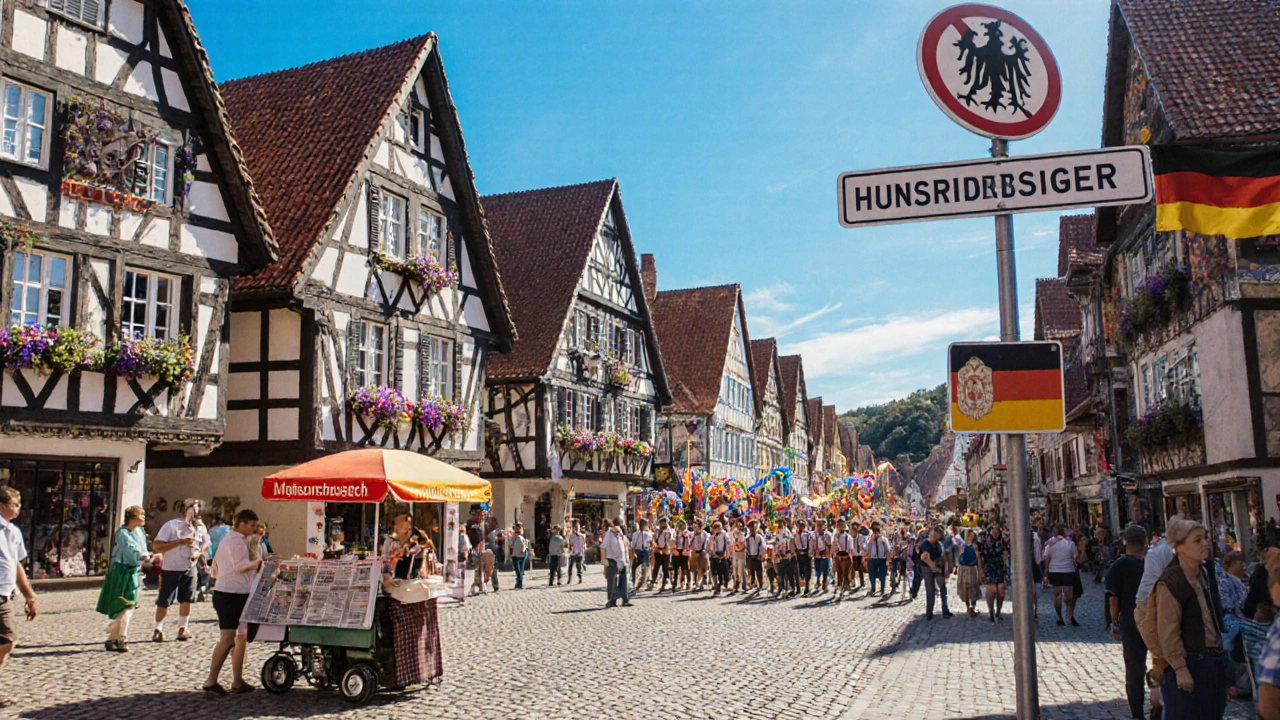 Brazílské město Blumenau s německou architekturou a dvojjazyčnými tabulemi.