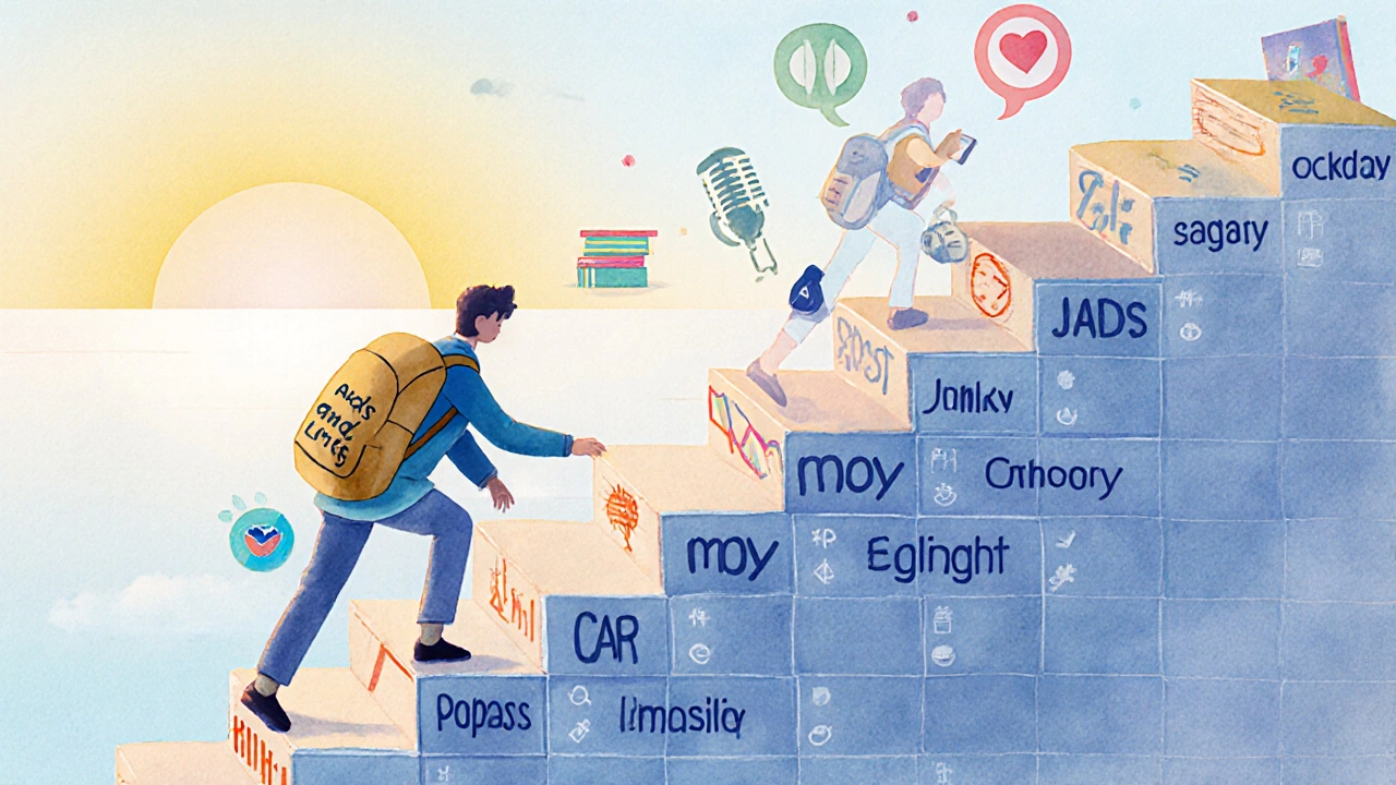 Cesta k ovládnutí angličtiny: těžká cesta s reklamami proti plynulé cestě s Duolingo Plus.