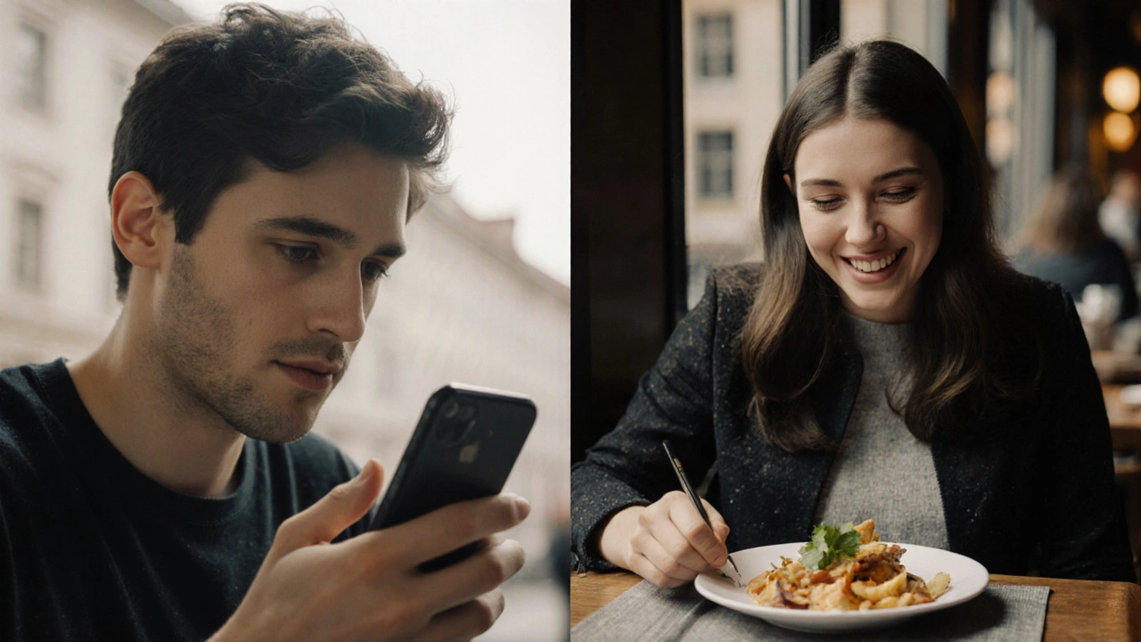 Člověk komunikuje přes aplikaci Tandem a později se učí němčině v restauraci v Mnichově.