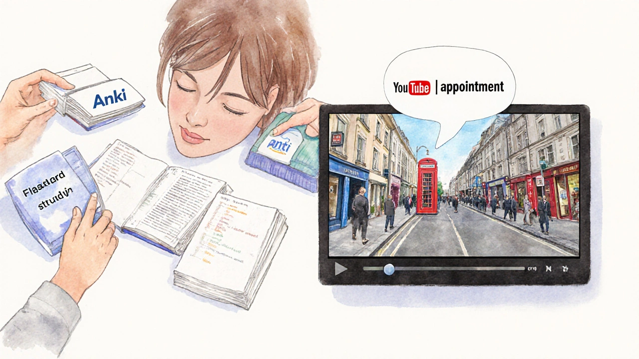 Člověk se učí anglicky z aplikace i reálných videí.