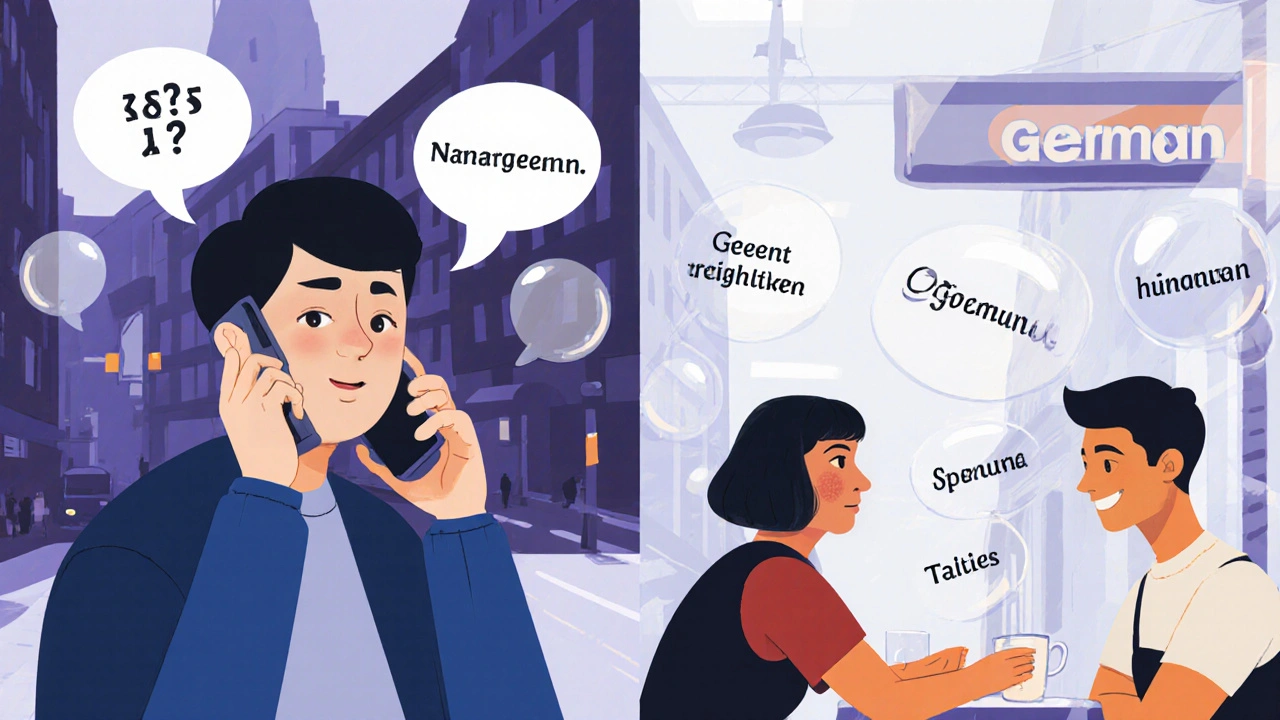 Člověk se učí mluvit němčinu v reálné konverzaci s němcem v kavárně.