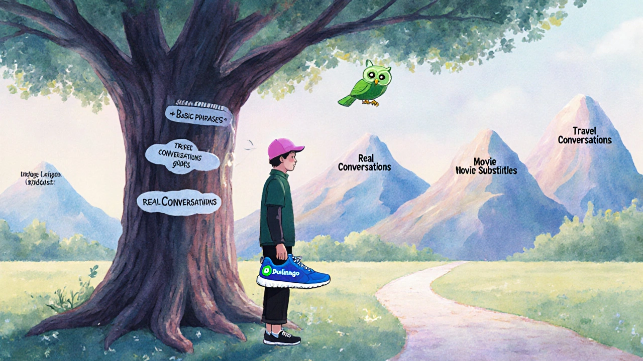 Člověk stojí u stromu učení s Duolingem, cesta pokračuje k pokročilým nástrojům jako podcasty a filmy.