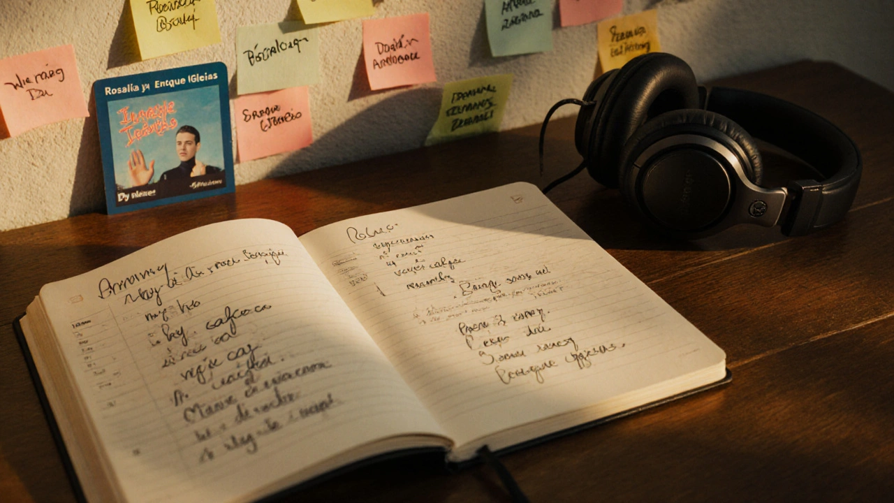 Deník s psanými větami ve španělštině, sluchátka a nálepky se slovíčky.