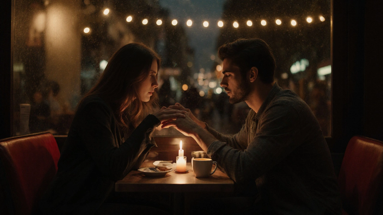 Dva milenci si drží ruce v kavárně při svíčkovém osvětlení ve večerní Madridu.