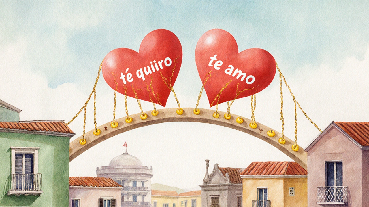 Dva srdce spojená slovy &#039;te quiero&#039; a &#039;te amo&#039; nad kulturami španělsky mluvících zemí.