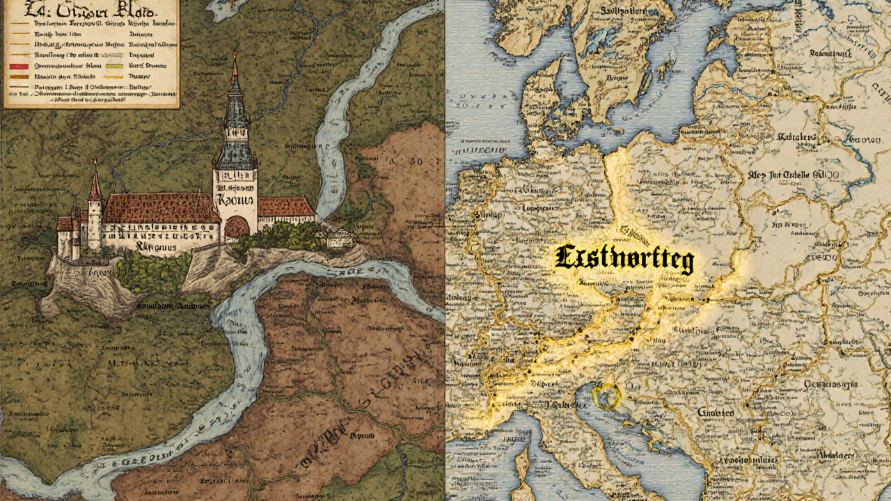 Dvě historické mapy ukazující různé původy názvů Rakouska v češtině a němčině.