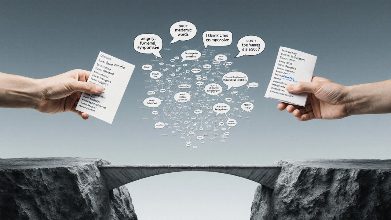 Dvě ruce se setkávají na mostu z řečových bublin mezi jednoduchými a složitými slovy