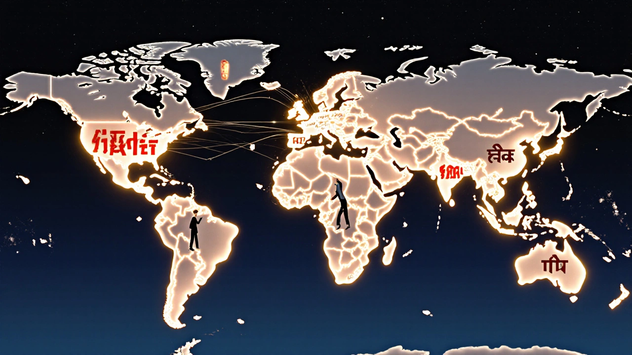 Globální mapa s propojenými městy, kde se světové jazyky projevují jako světelné sítě.