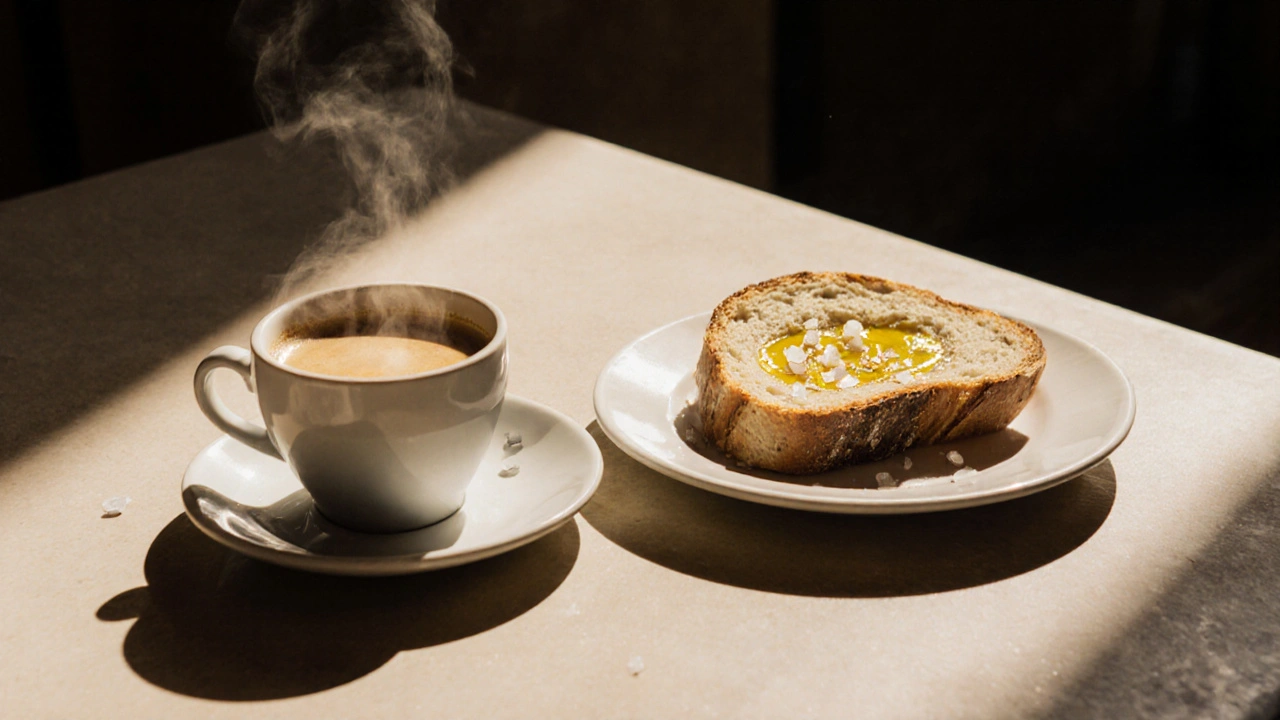 Káva s mlékem a chlebem s olivovým olejem na kávární pultu v Španělsku.