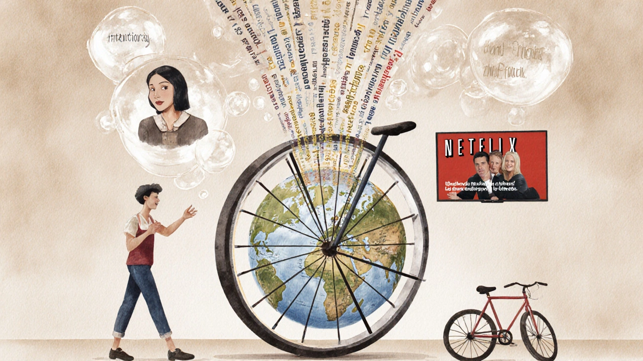 Kolo se mění v globus, slova angličtiny se vznášejí jako bublinky do vzduchu.