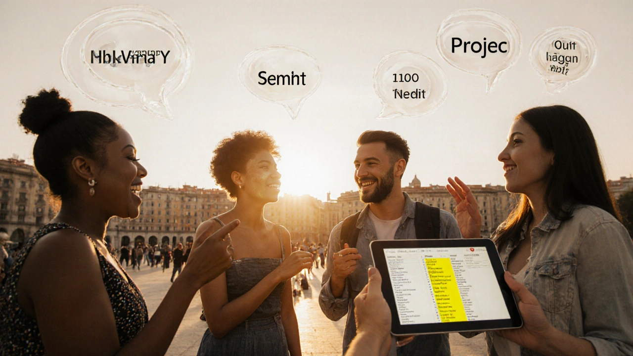 Lidé různých národností mluví v uličním náměstí, nad nimi plavou řečové bubliny s běžnými frázemi.
