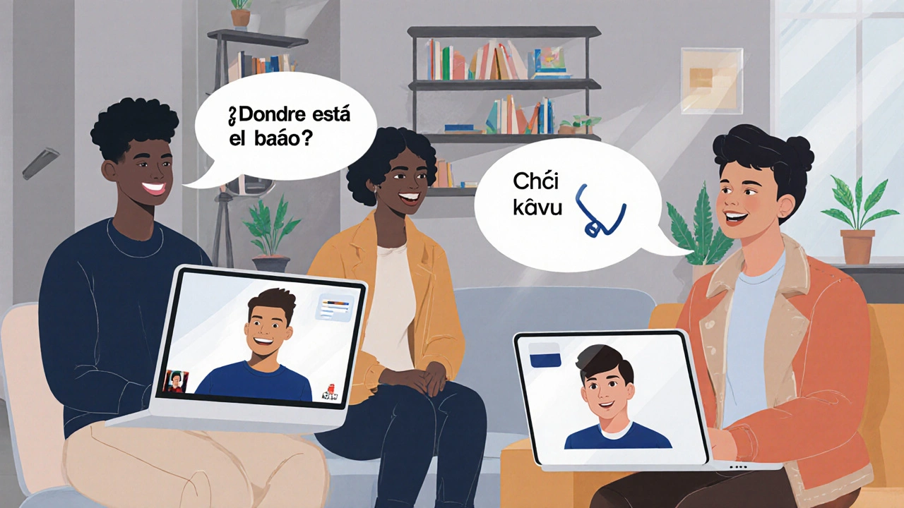 Lidé se zúčastňují online výměny jazyků, mluví španělsky a česky.