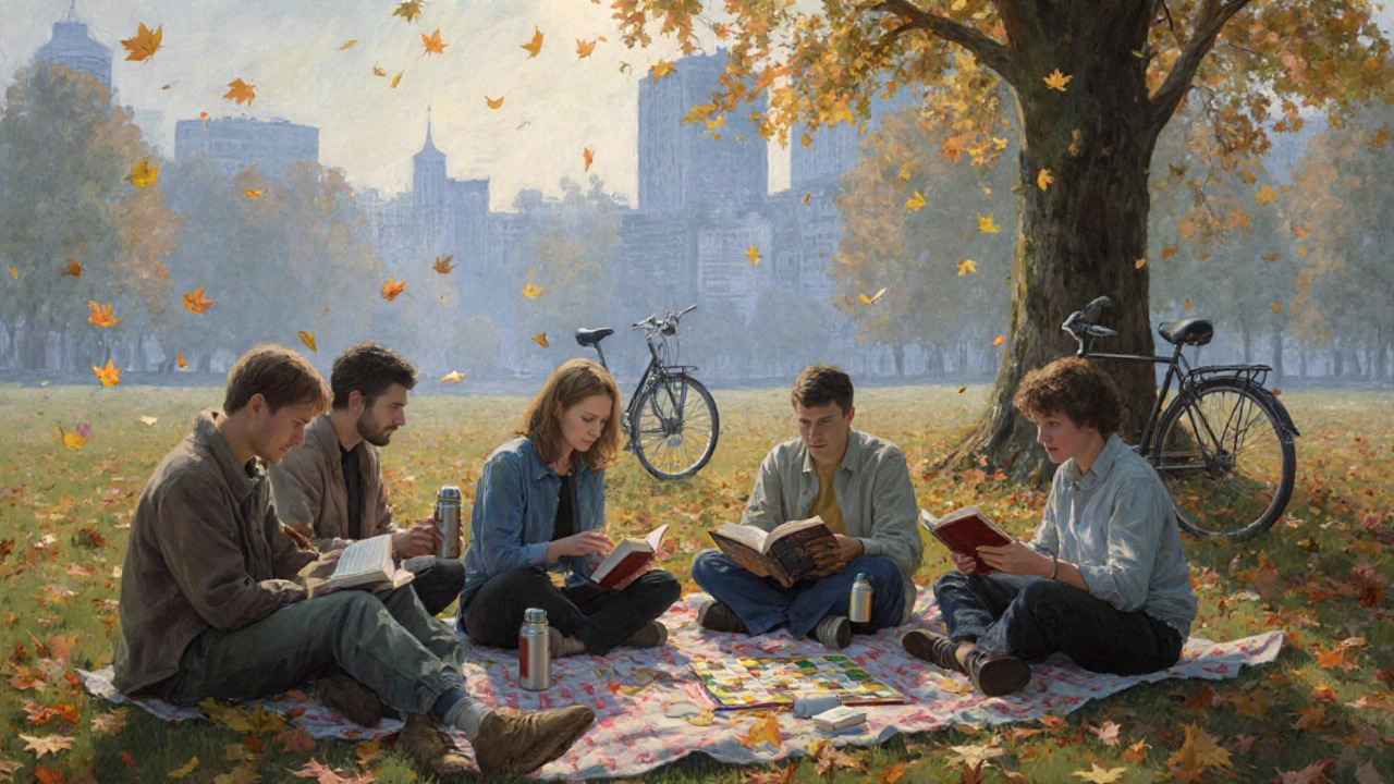 Lidé v německém parku čtou, hrají a odpočívají bez telefonů, v klidu a soustředění.