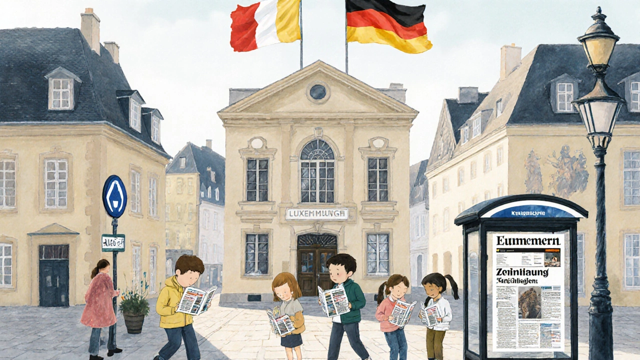 Lucemburská ulice s třemi úředními jazyky a dětmi čtoucími v němčině.