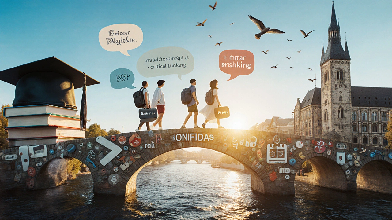 Most z knih a jazykových symbolů spojuje střední školu s univerzitou.