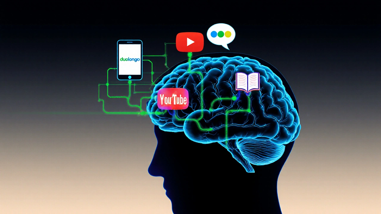 Mozek s propojenými nástroji pro učení angličtiny.