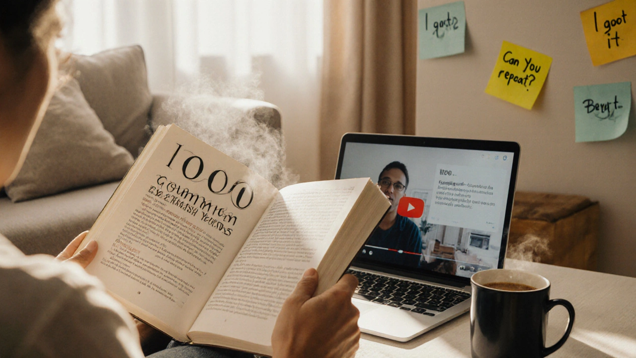 Osoba čte o anglických slovech v pohodlném bytě s kávou a poznámkami