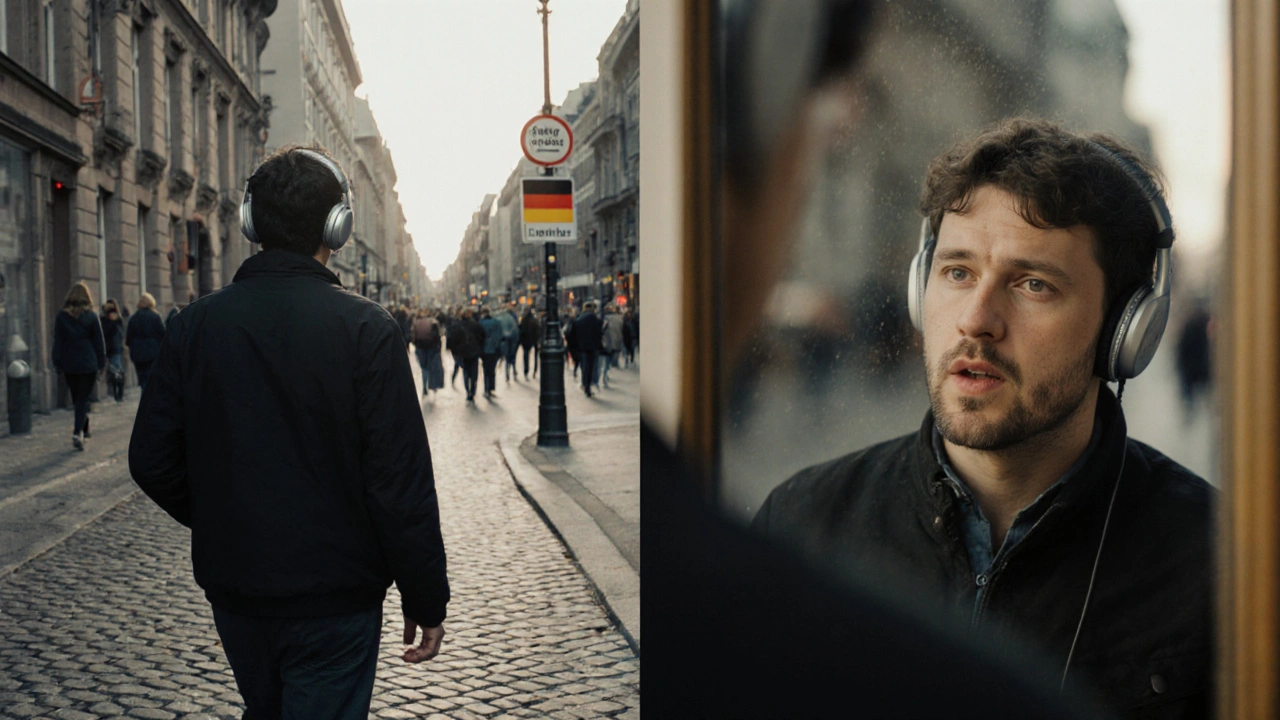 Osoba poslouchá německý podcast a opakuje věty nahlas před zrcadlem v ulici Berlína.