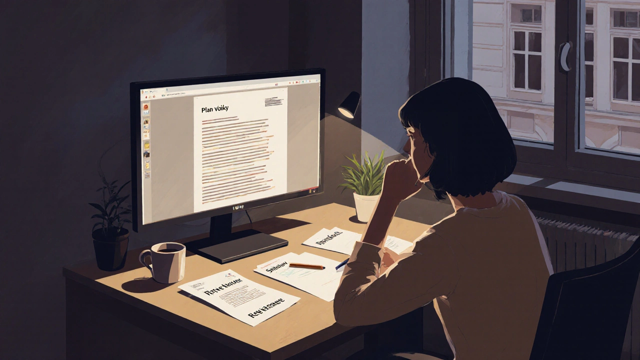 Osoba pracuje na domácí kancelářské desce s dokumenty o založení jazykové školy ve večerním osvětlení.