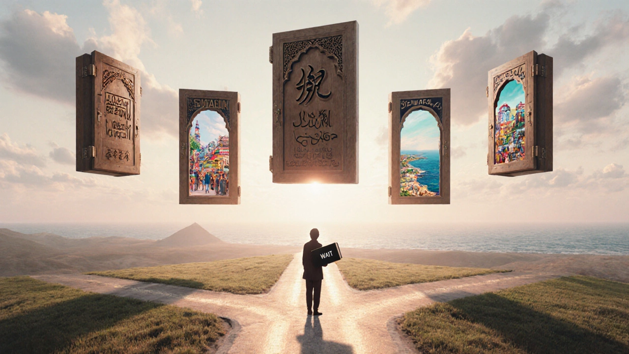 Osoba před pěti dveřmi reprezentujícími různé jazyky, za ní stín čekajícího, vpředu světlo.