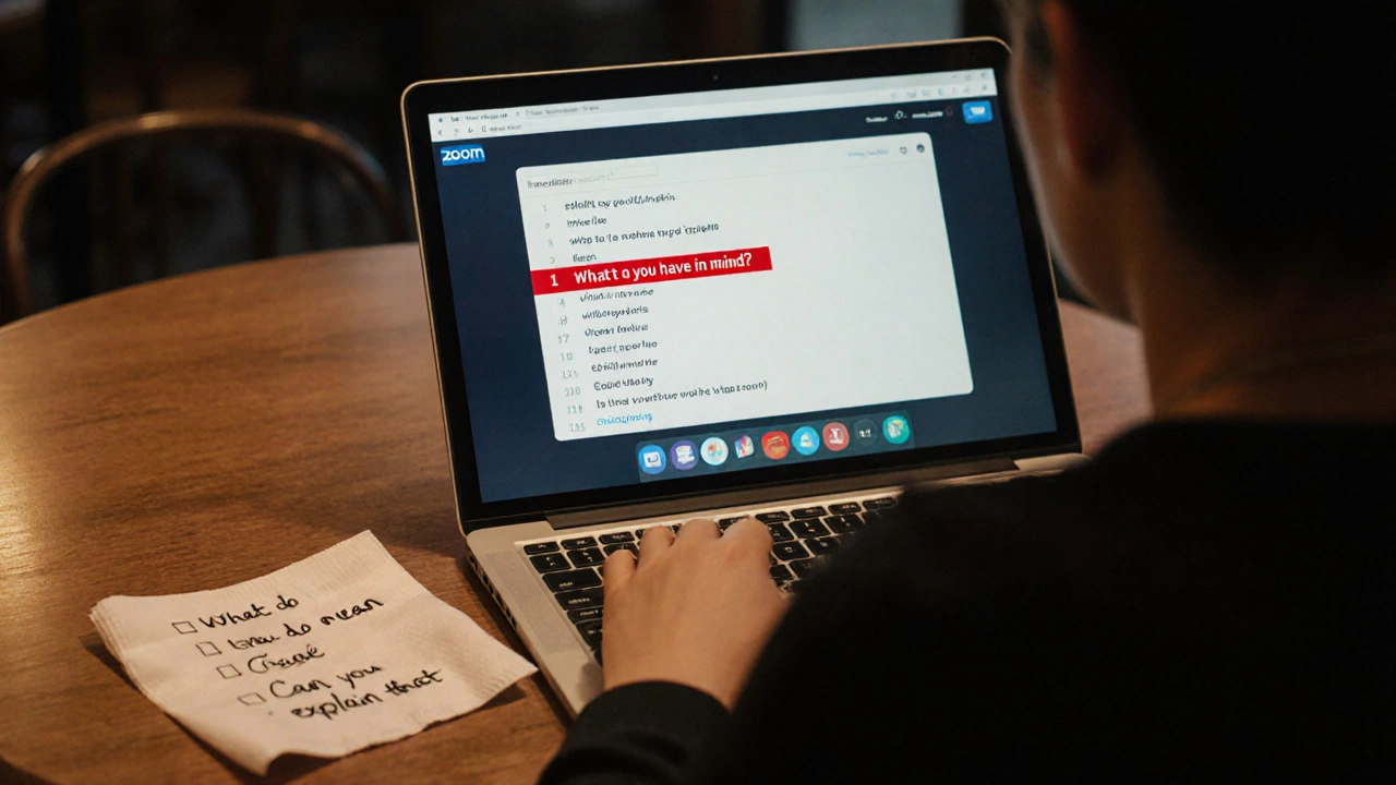 Osoba u kavárny s laptopem, na kterém je vidět nesprávná anglická fráze, na servítku jsou správné výrazy.