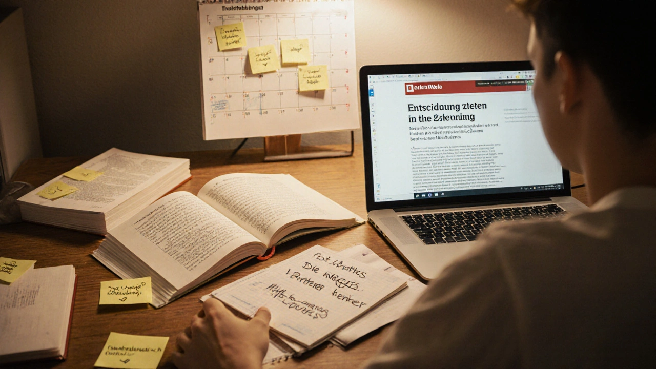 Osoba u psacího stolu s německými slovy na poznámkách a článkem Deutsche Welle na obrazovce.